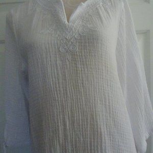 Women's White Tunic Top Year Round Wear Embroidery @ Neckline